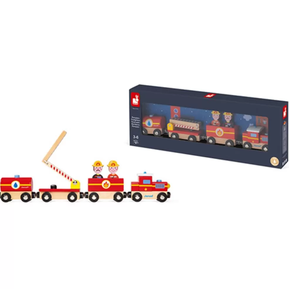 Janod Sinterklaas Cadeau 0-2 Jaar* Houten Trein Brandweer - Magnetisch