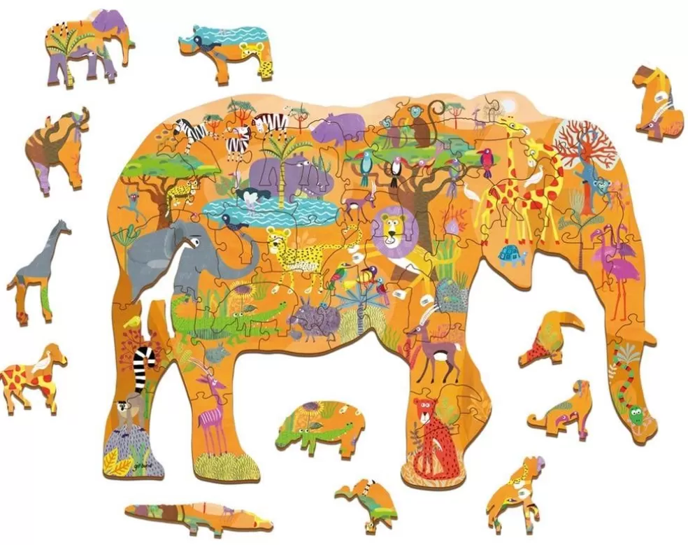 Ludattica Sinterklaas Cadeau 11 - 12 Jaar* Houten Puzzel - Savanne In De Vorm Van Een Olifant (48 Stuks Incl 12 Vormen)