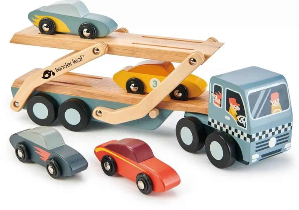 Tender Leaf Toys Sinterklaas Cadeau 5 - 6 Jaar* Houten Speelgoed - Auto Transporter Met 4 Raceauto'S