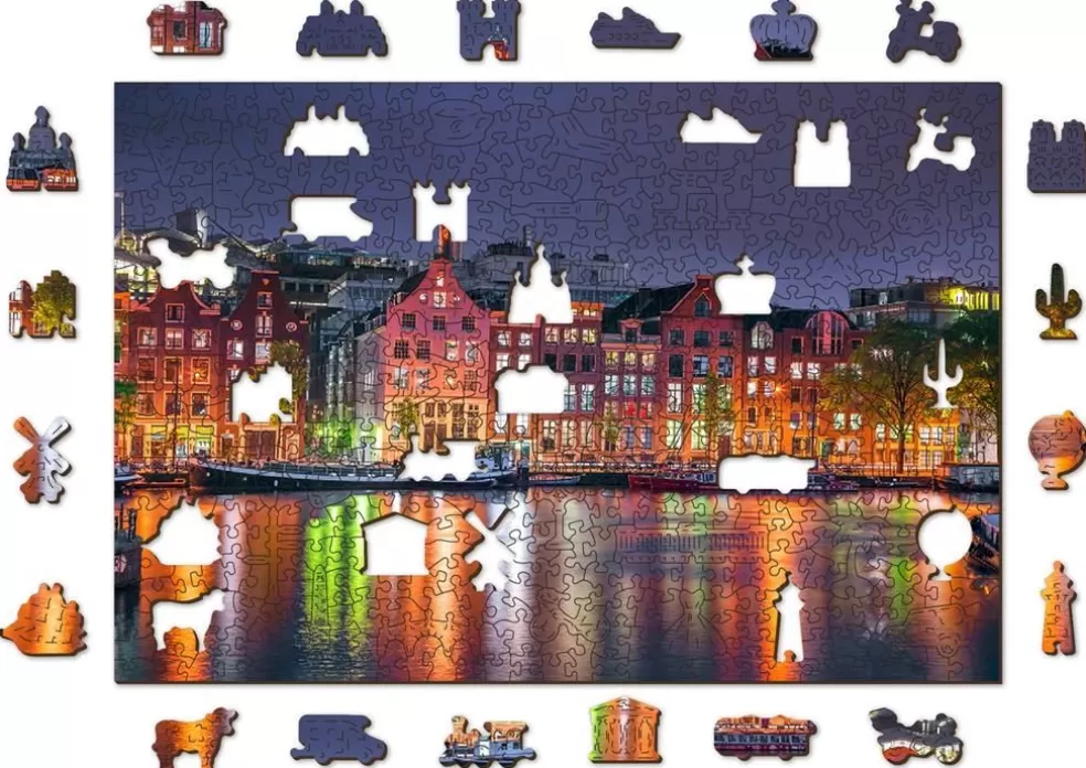 Wooden City Sinterklaas Cadeau 11 - 12 Jaar* Amsterdam By Night - Houten Puzzel ( 505 Stukjes)